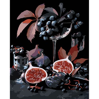 Картина за номерами Strateg ПРЕМІУМ Інжир та виноград на чорному фоні 40х50 см (AH1045) 1023670 фото